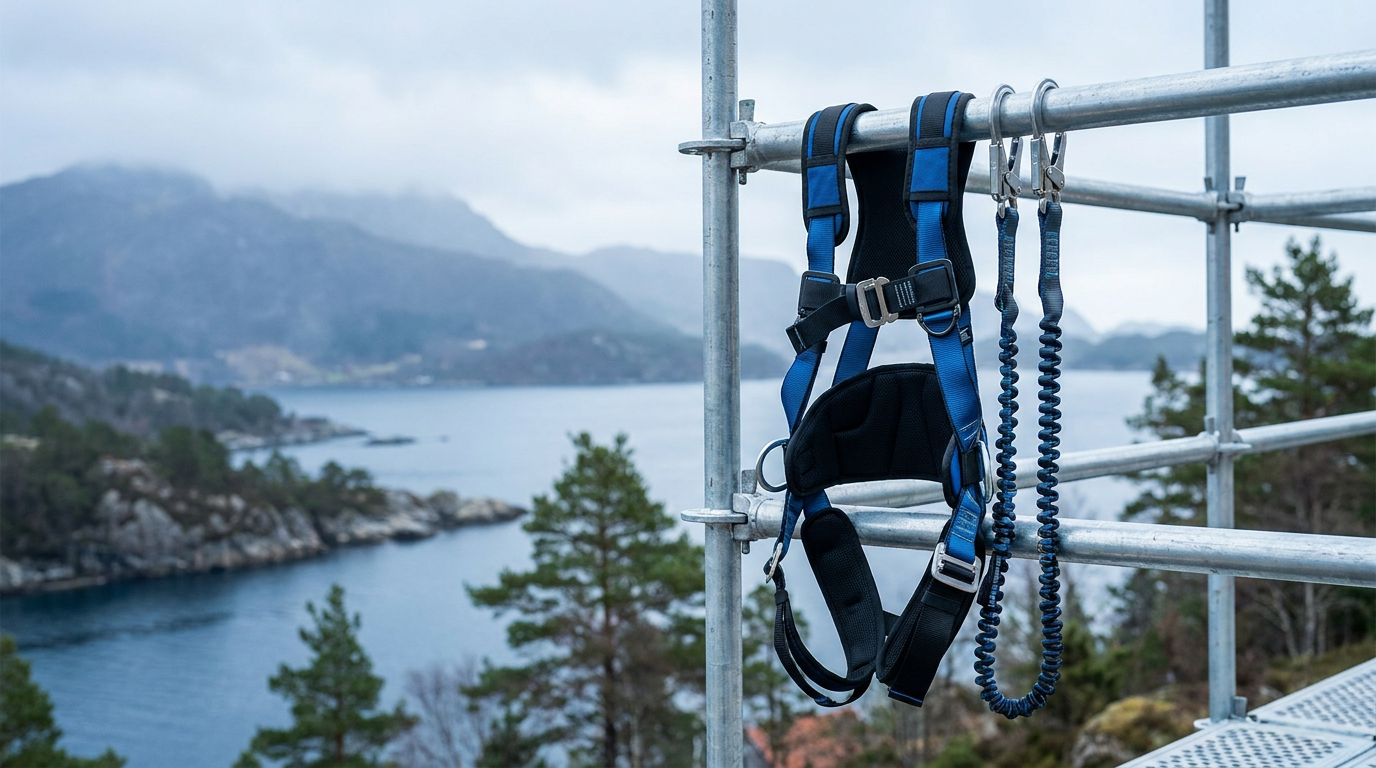 Fallsikringssele henger på et stillas på en norsk byggeplass.