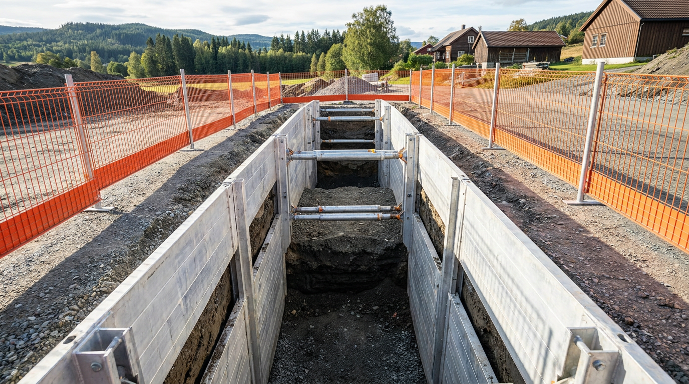 Sikker arbeid i grøft som er sikret med en grøftekasse i aluminium for å forhindre sammenrasing.